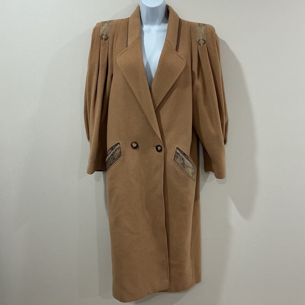 Mansfield HARRODS Wool Cashmere Blend Coat Sz 8 Brown Snakeskin Trim Old Money